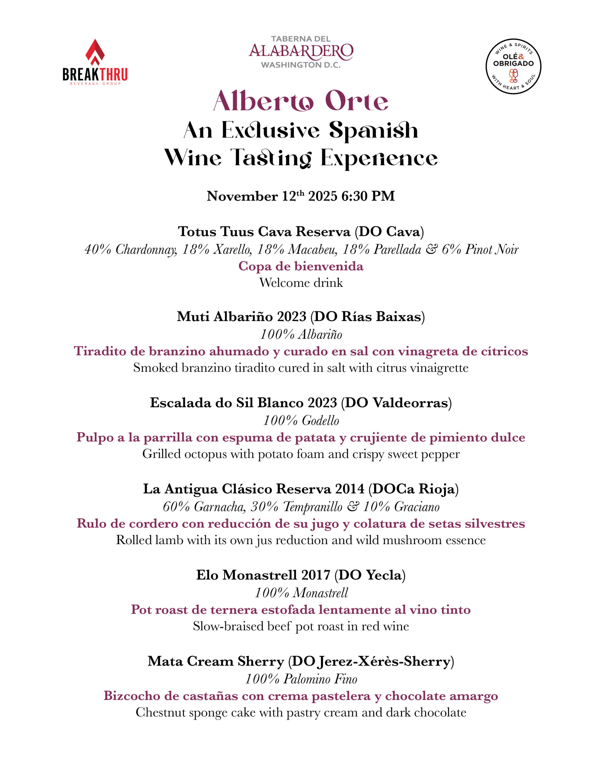 Menu of the wine dinner