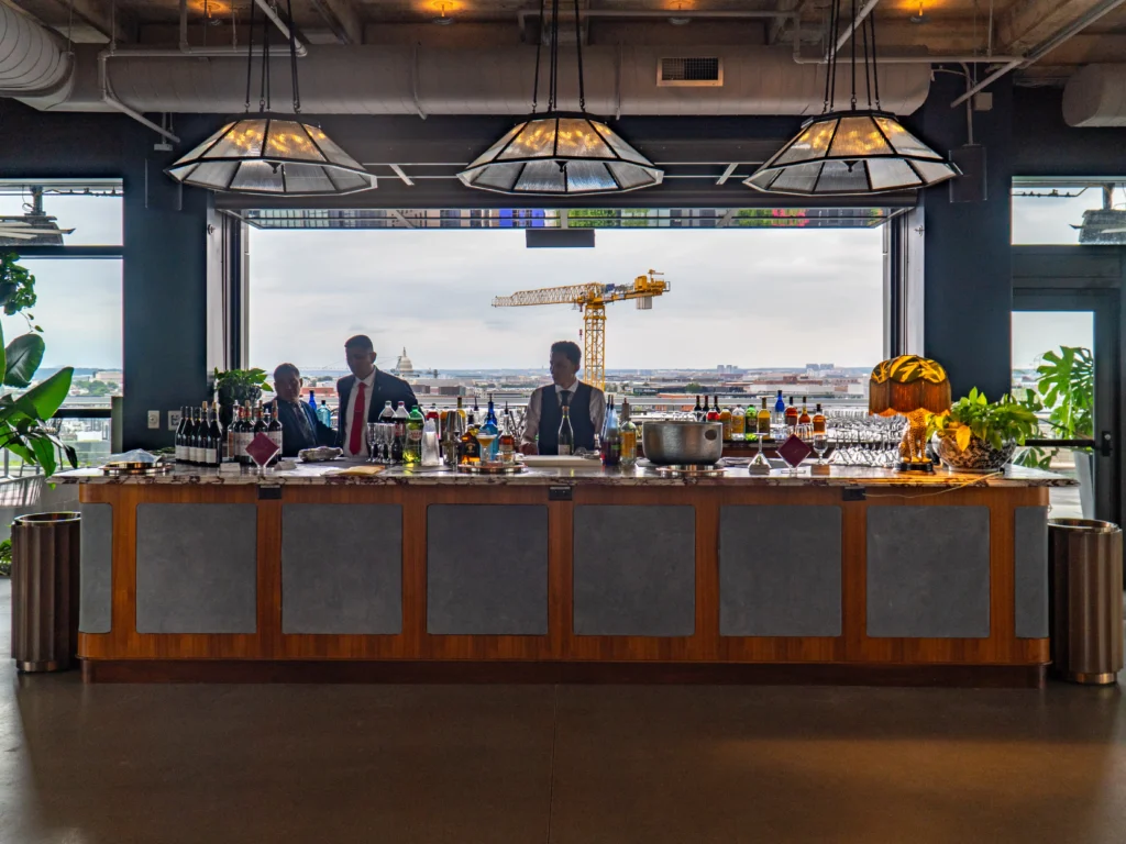 Catering: buffet station set up in a rooftop event space