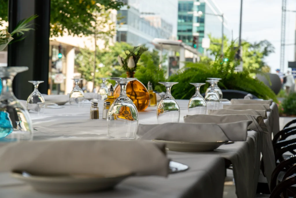 Close up plates at table at patio
