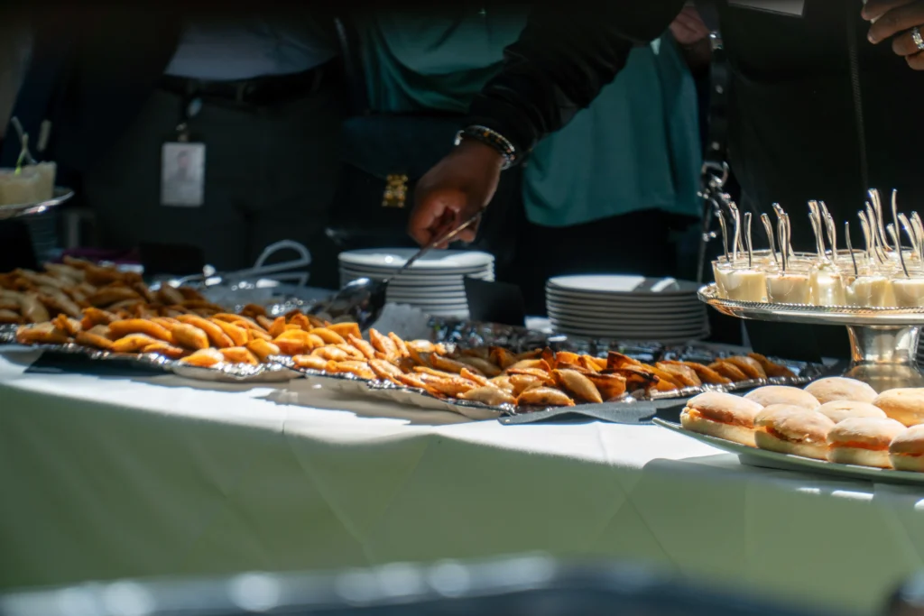 Catering: buffet of fried appetizers being served at a catered event
