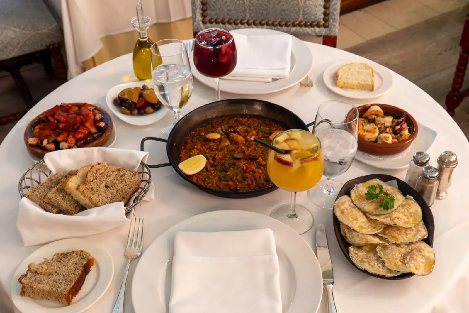 Paella, tapas and sangria on a table at Alabardero