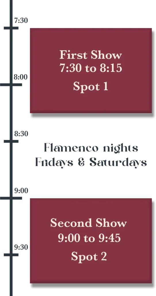 Complimentary Flamenco show times: first show 7:30 to 8:15, second show 9:00 to 9:45